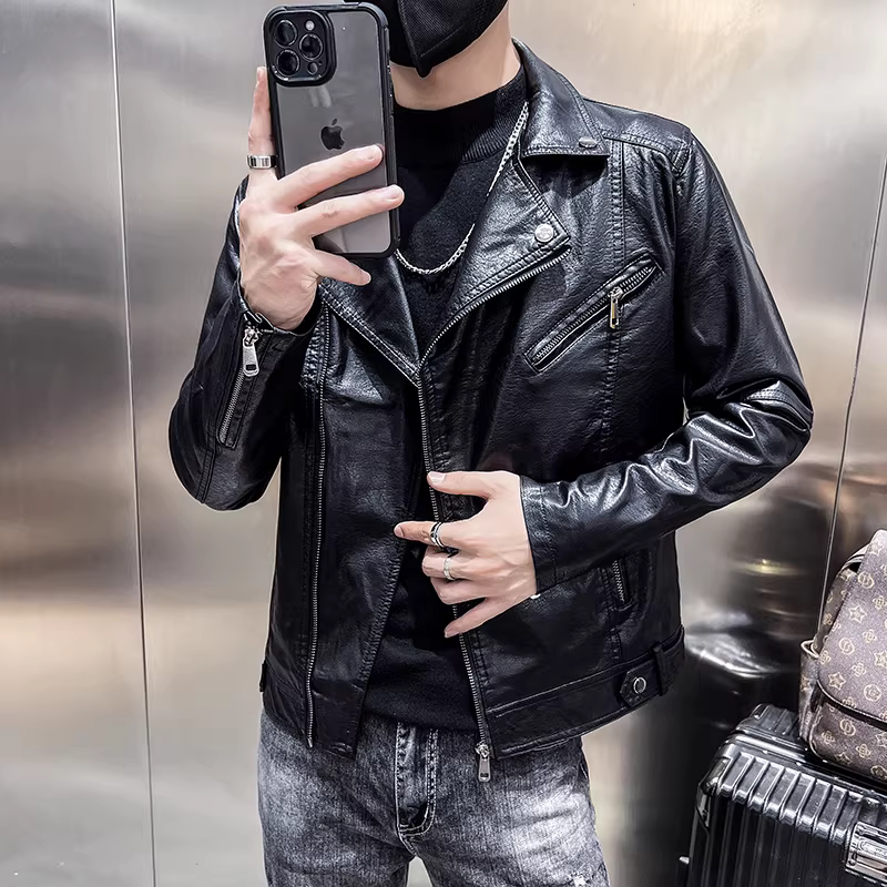 Áo khoác da nam đi xe máy, kiểu dáng thu đông mới, cổ áo vest cao cấp, áo khoác PU đẹp trai, dáng ôm, kiểu dáng ngắn, phong cách Anh.
