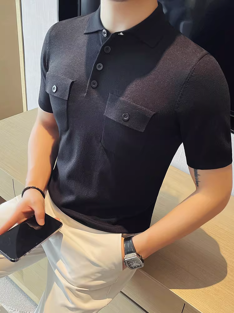 Áo polo nam chất liệu vải lụa đá dệt kim, thiết kế hai túi, tay ngắn, kiểu dáng mùa hè mỏng nhẹ, co giãn, ôm dáng, cao cấp, cổ trụ.
