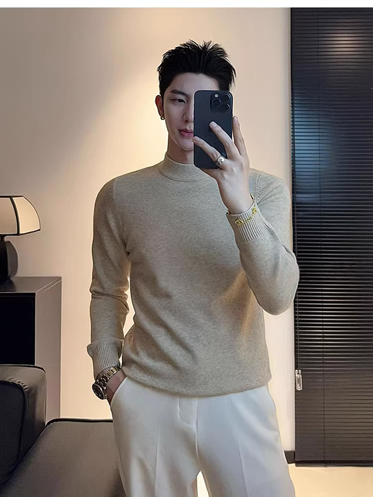 Áo len nửa cổ cao bằng vải modal pha len thân thiện với da dành cho nam, dài tay, áo sơ mi dệt kim thời trang vừa vặn mới mùa thu đông.