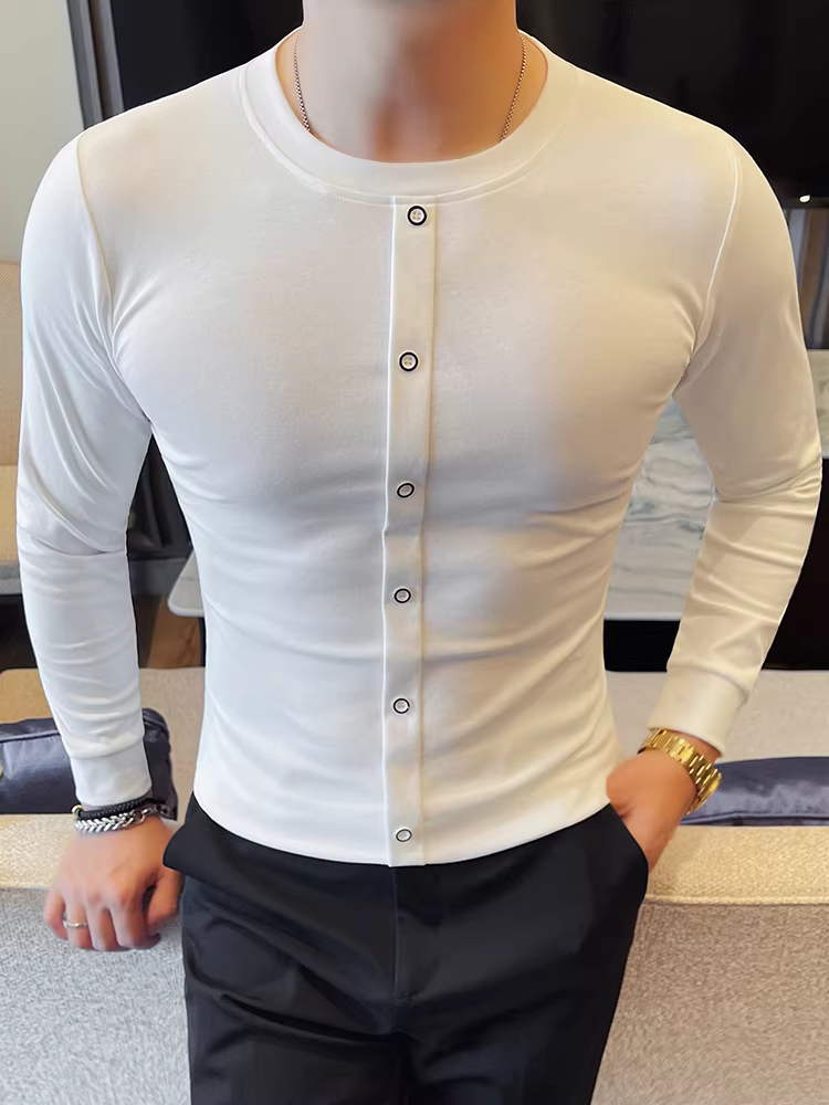 Áo thun dài tay cổ tròn thiết kế giả khuy dành cho nam, thời trang thu đông mới hợp thời trang áo sơ mi cơ bản chất lượng cao vừa vặn