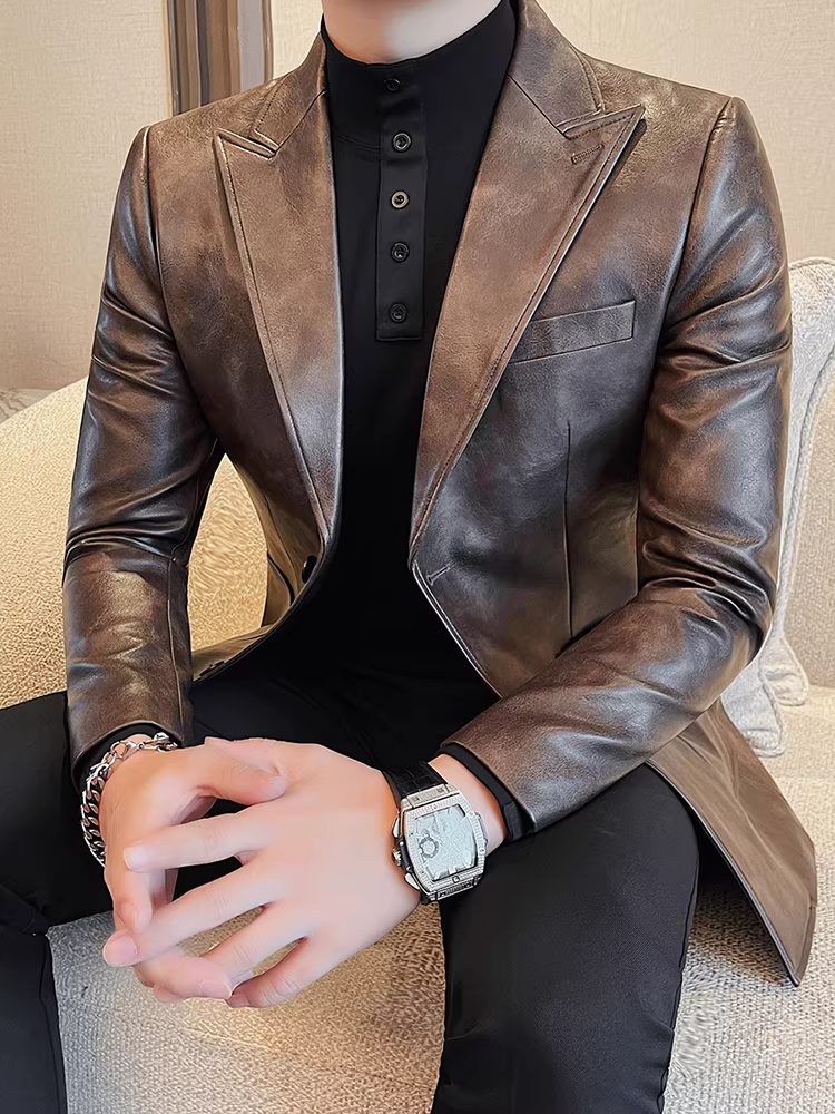 Áo khoác da nam màu nhuộm, thời trang xuân thu mới, hợp xu hướng, dáng ôm, phong cách, vest công sở lịch lãm.