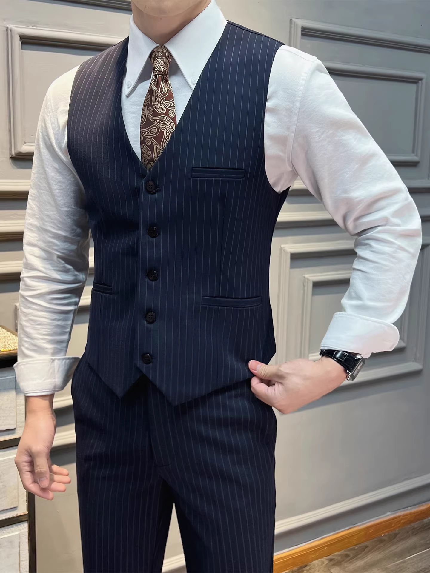 Bộ vest nam sọc, vest công sở cao cấp, phong cách Anh, bộ vest hai mảnh