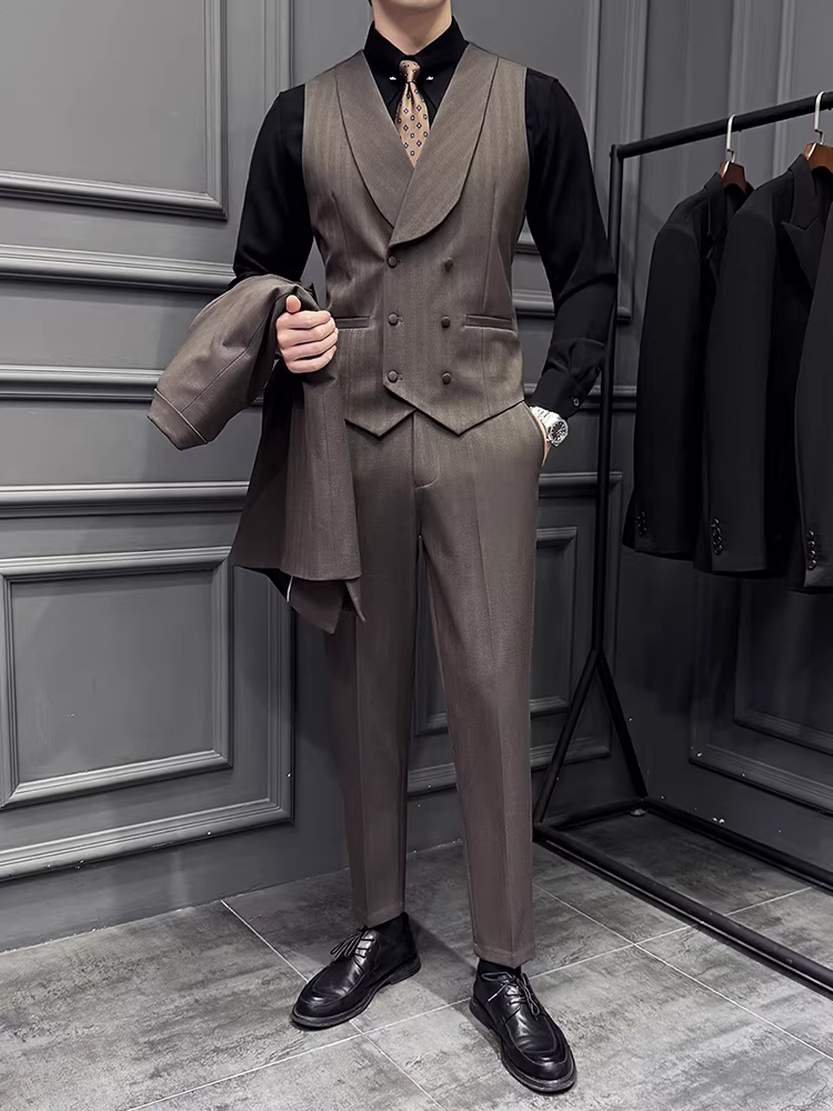 Bộ vest nam hai hàng khuy màu xanh lá cây, kiểu dáng ôm sát, trang phục công sở thời trang, vest phù rể, bộ vest hai mảnh gồm áo vest và áo ghi lê