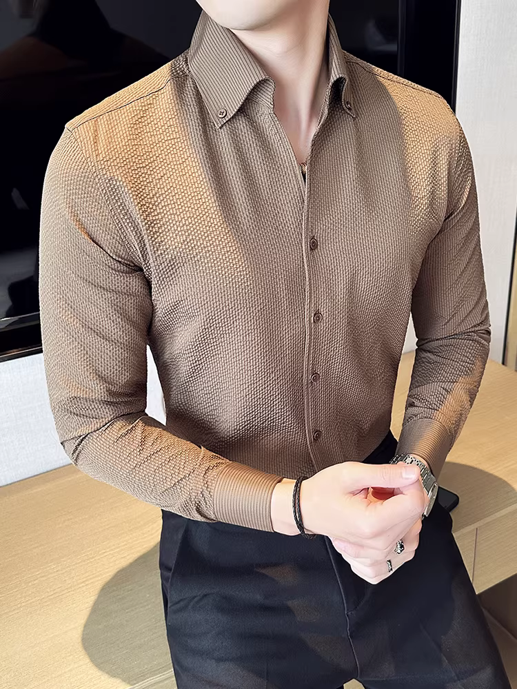 Áo sơ mi nam chất liệu vải waffle cao cấp, cổ V, tay dài, phong cách công sở lịch sự, đa năng, ôm dáng, cổ đứng thời trang.