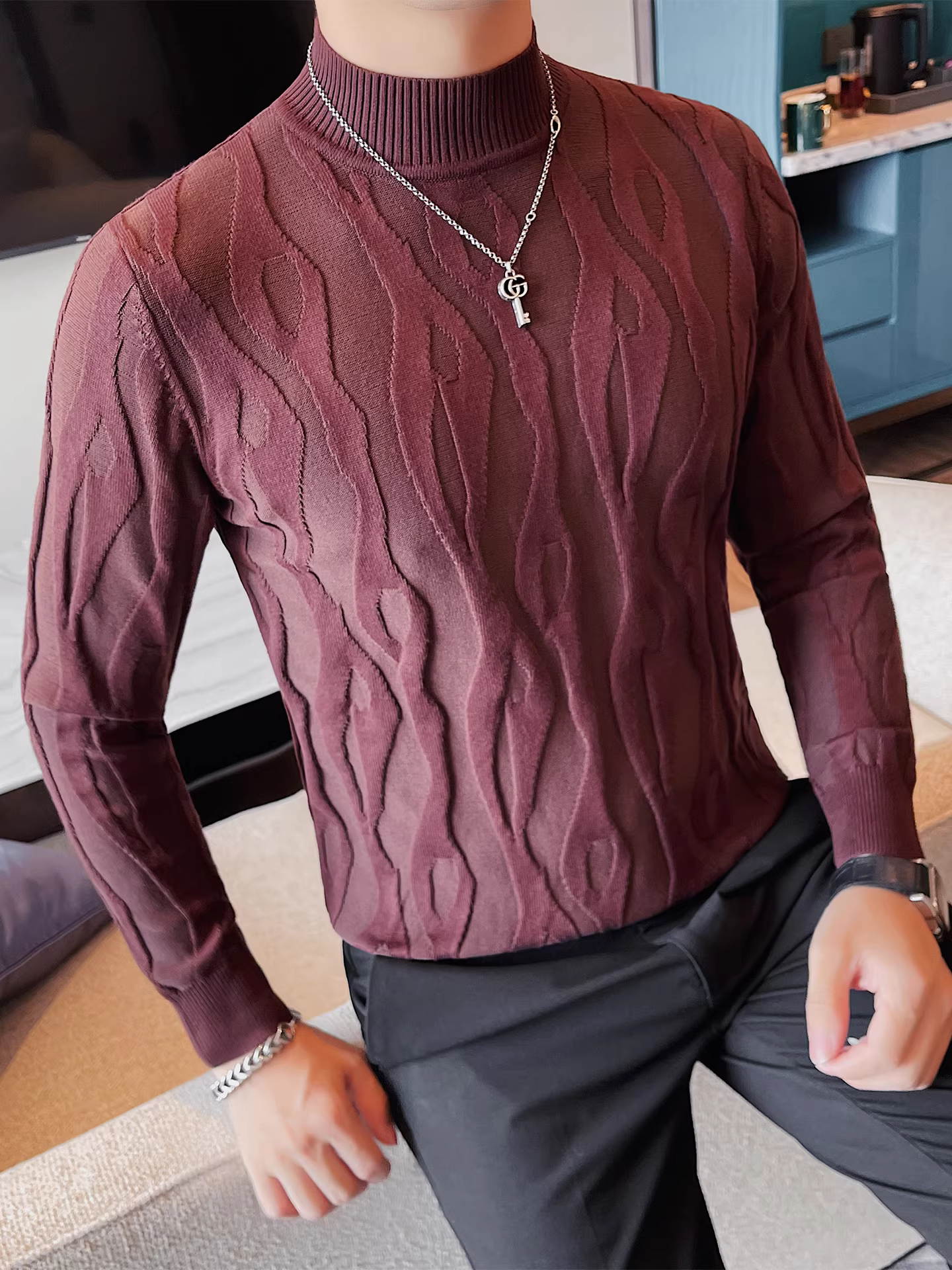 Áo len cổ lọ nửa cao dành cho nam, tay dài, xu hướng thời trang mới mùa đông 2025, ôm dáng, chất liệu cao cấp, áo len dệt kim cổ trung.