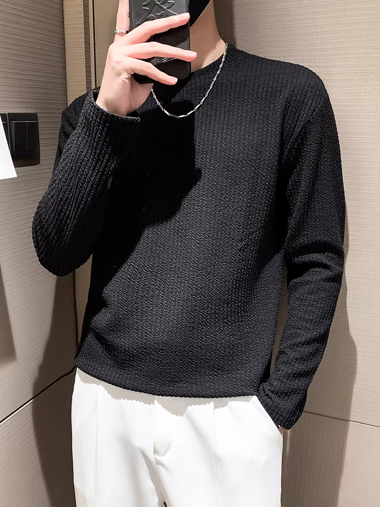 Áo thun nam dài tay dệt kim kiểu waffle, phong cách Hàn Quốc giản dị hợp thời trang mùa xuân thu mới, cảm giác cao cấp, áo thun trẻ trung, áo lót.