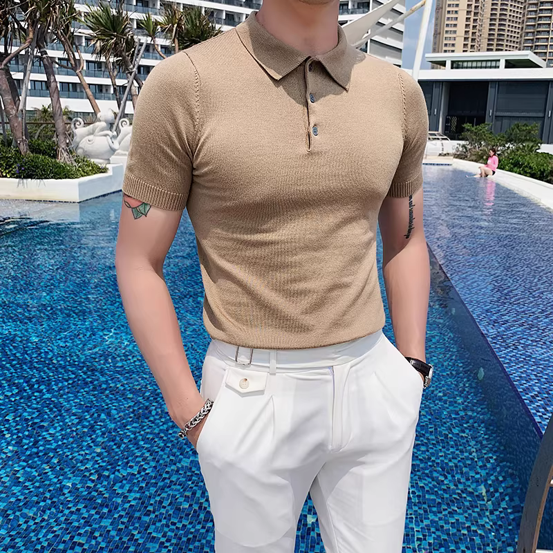 Áo thun nam tay ngắn chất liệu lụa đá, kiểu dáng mỏng nhẹ mùa hè, phong cách Anh quốc, giản dị, thời trang, đa năng, ôm dáng, cao cấp.