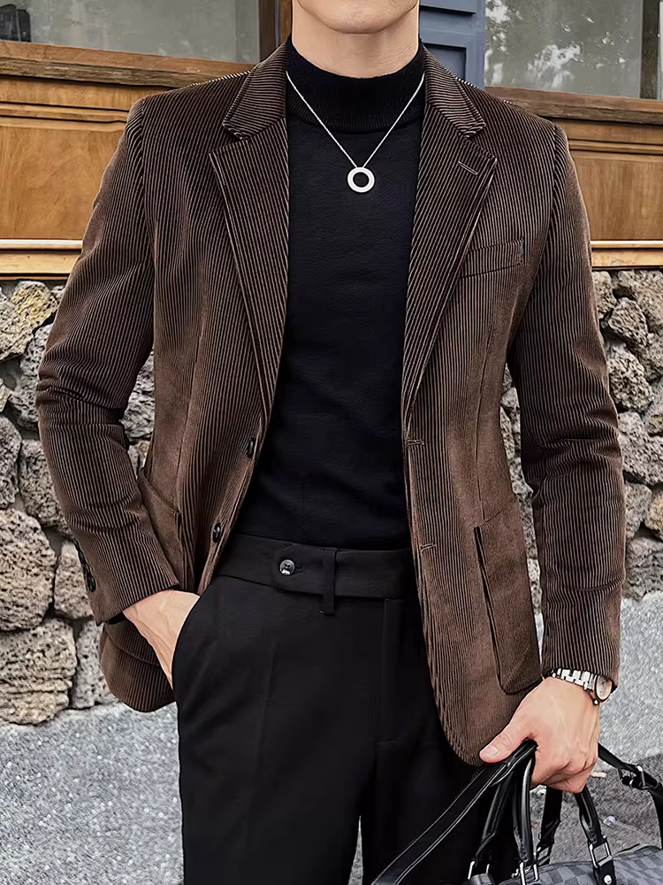 Áo khoác vải nhung kẻ cho nam, kiểu dáng dày dặn mùa thu đông, phong cách Hàn Quốc cao cấp, kiểu dáng ôm body kiểu Anh, trang phục công sở lịch lãm, bộ vest đẹp trai