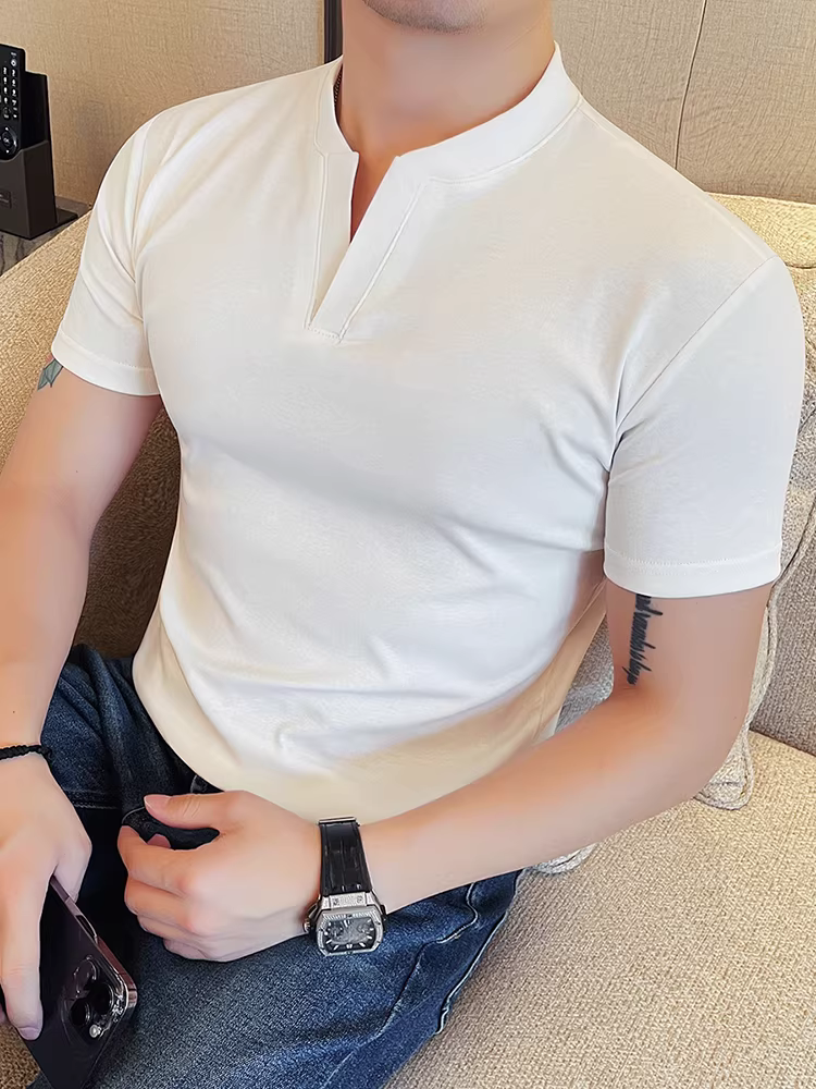 Áo thun nam ngắn tay cổ Henry, kiểu dáng mỏng mùa hè, thời trang và hợp thời trang, màu trơn, đa năng, áo thun cổ chữ V công sở thông thường