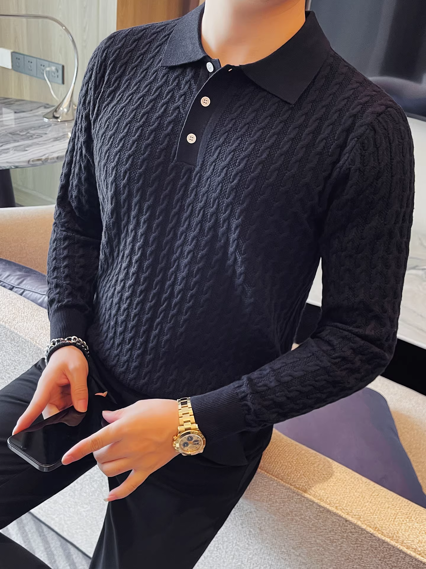 Áo polo nam kiểu Anh, chất liệu dệt kim, cổ trụ, tay dài, dáng ôm, mới mùa thu đông, áo len cao cấp