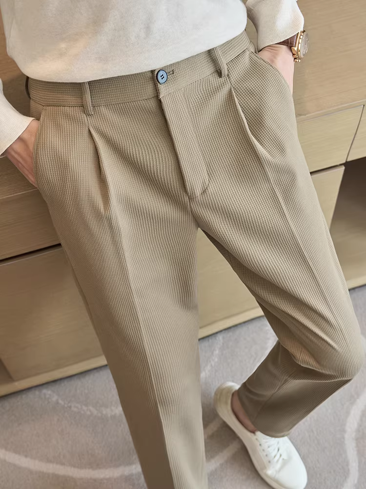 Quần len nam lưng thun nửa phần, họa tiết ngô, chất dày dặn mùa thu đông, quần dài thường ngày, quần âu len chải kỹ.