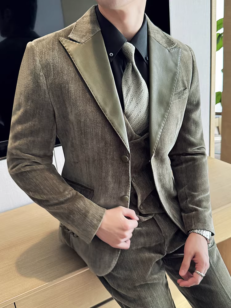 Bộ đồ nam phối da chenille, kiểu dáng mới thu đông, cao cấp, thời trang công sở lịch lãm, dáng ôm.