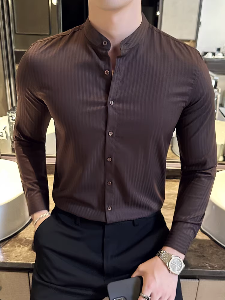 Áo sơ mi nam cổ đứng sọc tối màu, dài tay, phong cách công sở giản dị, đa năng, thời trang, ôm dáng, phong cách Anh, áo cổ tròn cao cấp