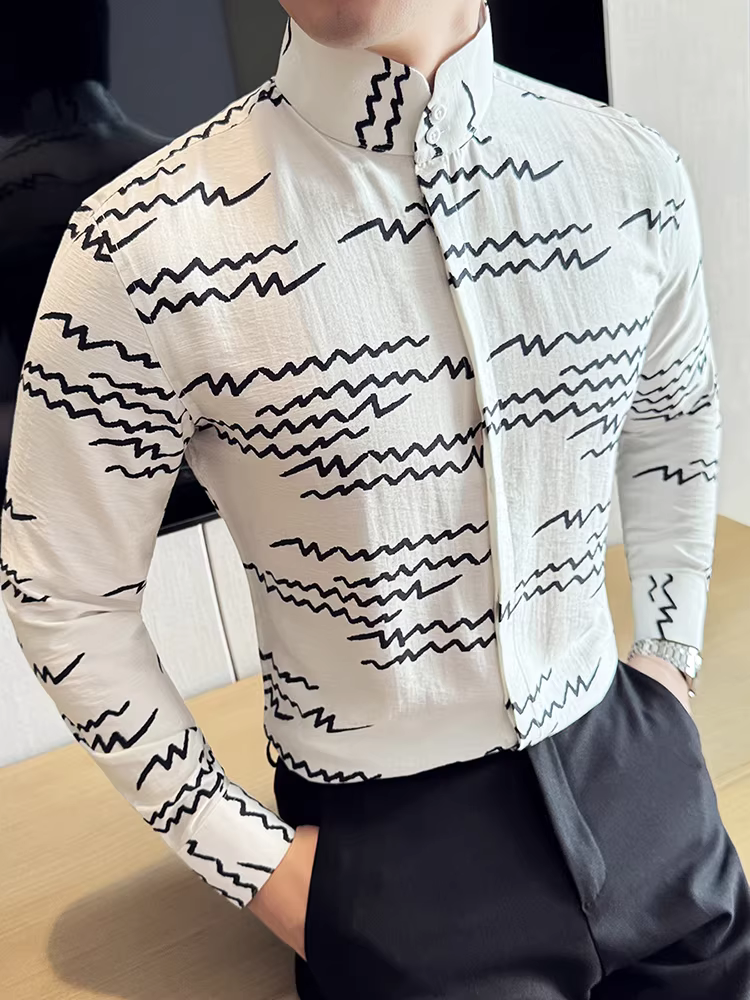 Áo sơ mi cổ đứng kiểu Trung Quốc mới dành cho nam, dài tay, cao cấp, thời trang, ôm dáng, sành điệu, có khuy giấu, áo sơ mi cổ cao in họa tiết.