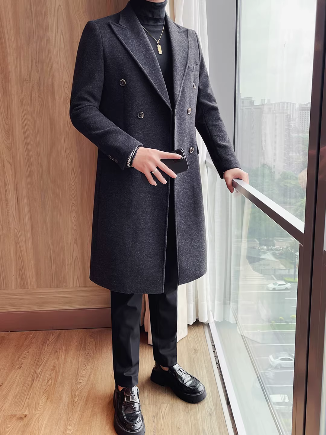 Áo khoác len nam dáng dài, hai hàng khuy, dày dặn cho mùa thu đông 2025, kiểu dáng mới chất lượng cao, đa năng.