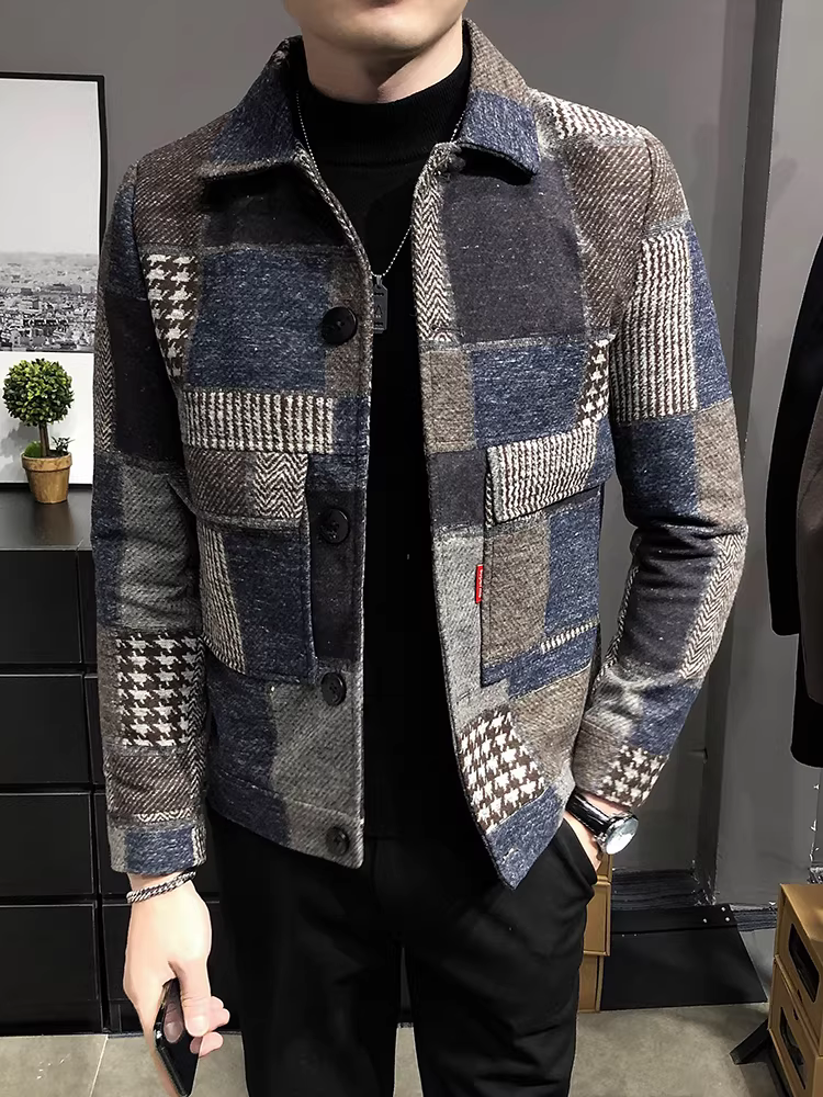 Áo khoác len nam mùa thu đông, phong cách Anh quốc cao cấp, cổ áo thời trang, dáng ôm, áo khoác len ngắn nam