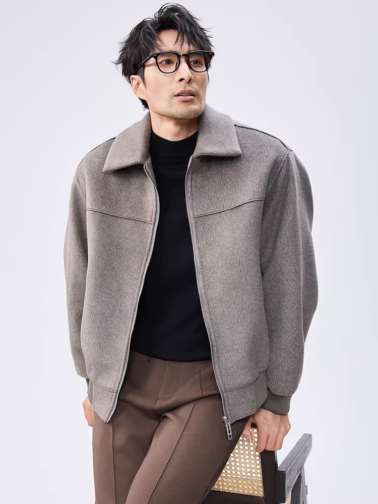 Áo khoác len nam khóa kéo đôi, kiểu mới thu đông 2025, chất lượng cao, thời trang, dáng rộng, ngắn.