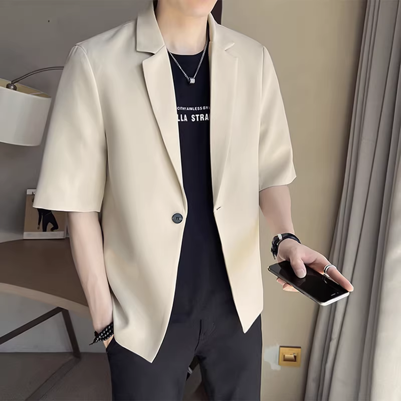 Bộ đồ lụa mỏng mùa hè dành cho nam, tay áo ba phần tư, áo khoác ngắn tay nam dáng rộng hợp thời trang, đa năng và phong cách.