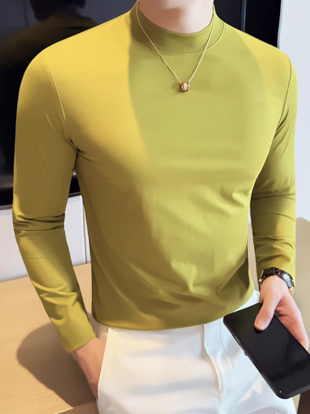 Áo thun nam dài tay chất lượng cao cho mùa thu đông, màu trơn, đa năng, thân thiện với da, co giãn, thoải mái, áo thun ôm sát cơ thể.