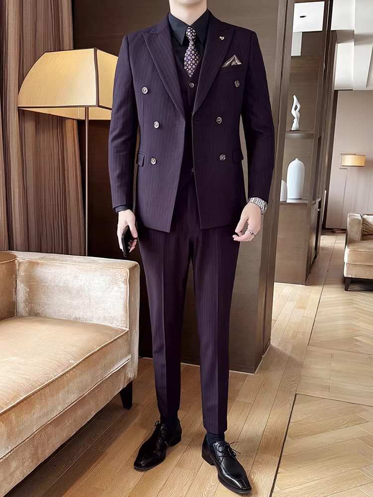 Bộ vest nam kẻ sọc, kiểu dáng lịch lãm, ôm dáng, thời trang, bộ vest cưới ba mảnh dành cho chú rể
