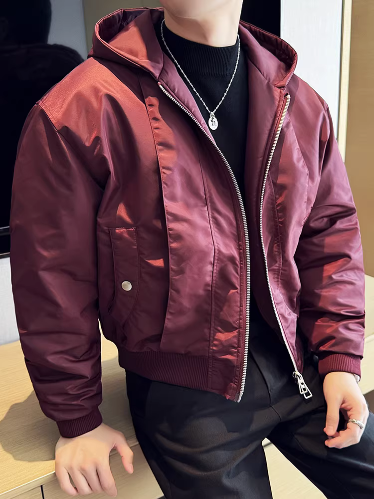 Áo khoác cotton có mũ trùm đầu thiết kế tay áo xếp ly có khóa kéo đôi dành cho nam, áo khoác cotton ngắn thời trang dày dặn mới mùa đông