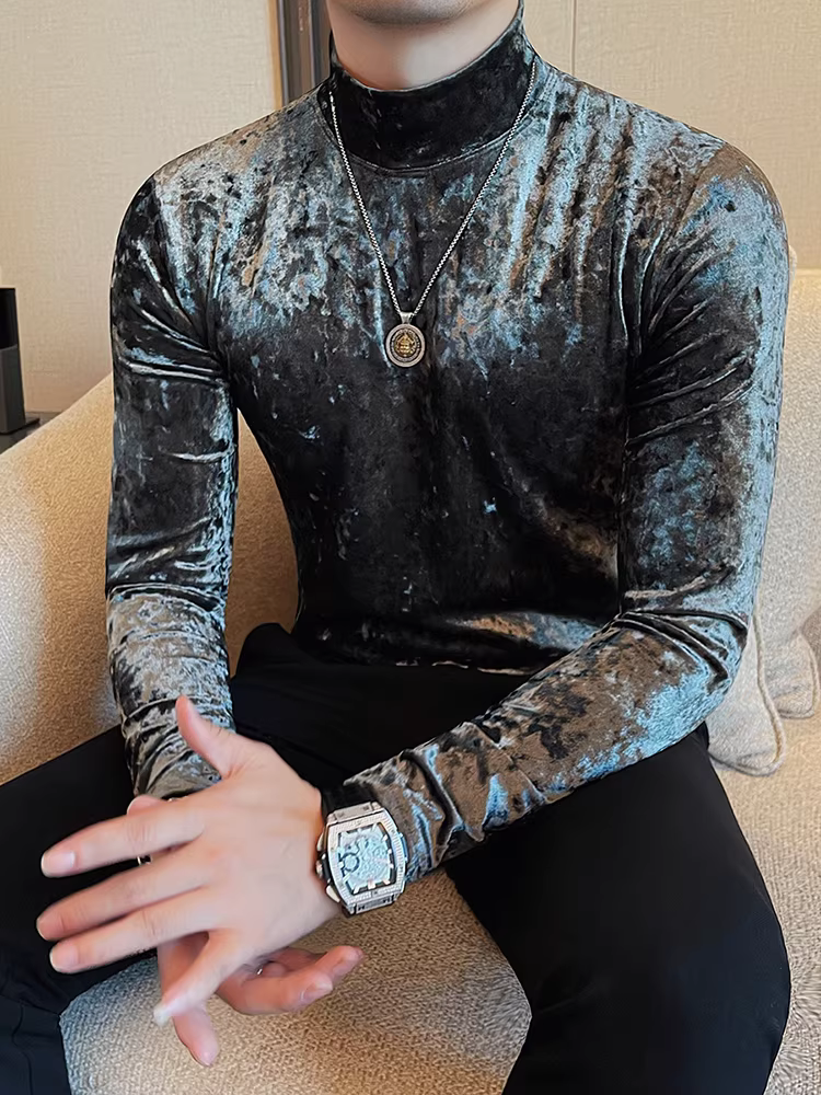 Áo thun nam nhung cổ cao nửa cổ dài tay, thời trang thu đông mới, áo lót bên trong ôm sát hợp thời trang.