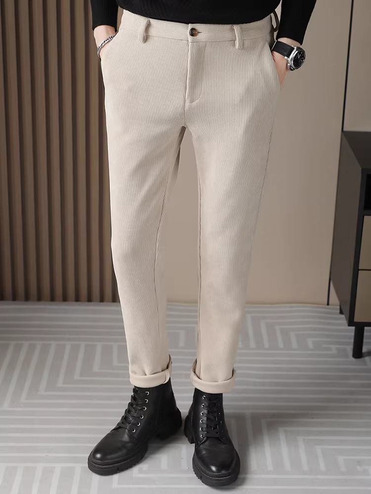 Quần âu nam chất liệu corduroy, thời trang thu đông, kiểu dáng ôm vừa vặn, quần âu kiểu Hàn Quốc cao cấp, lịch lãm.