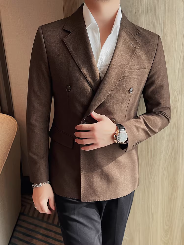 Áo blazer nam kiểu cổ điển, hai hàng khuy, thời trang xuân thu, phong cách công sở lịch sự, đa năng, dáng ôm, kiểu dáng đơn giản