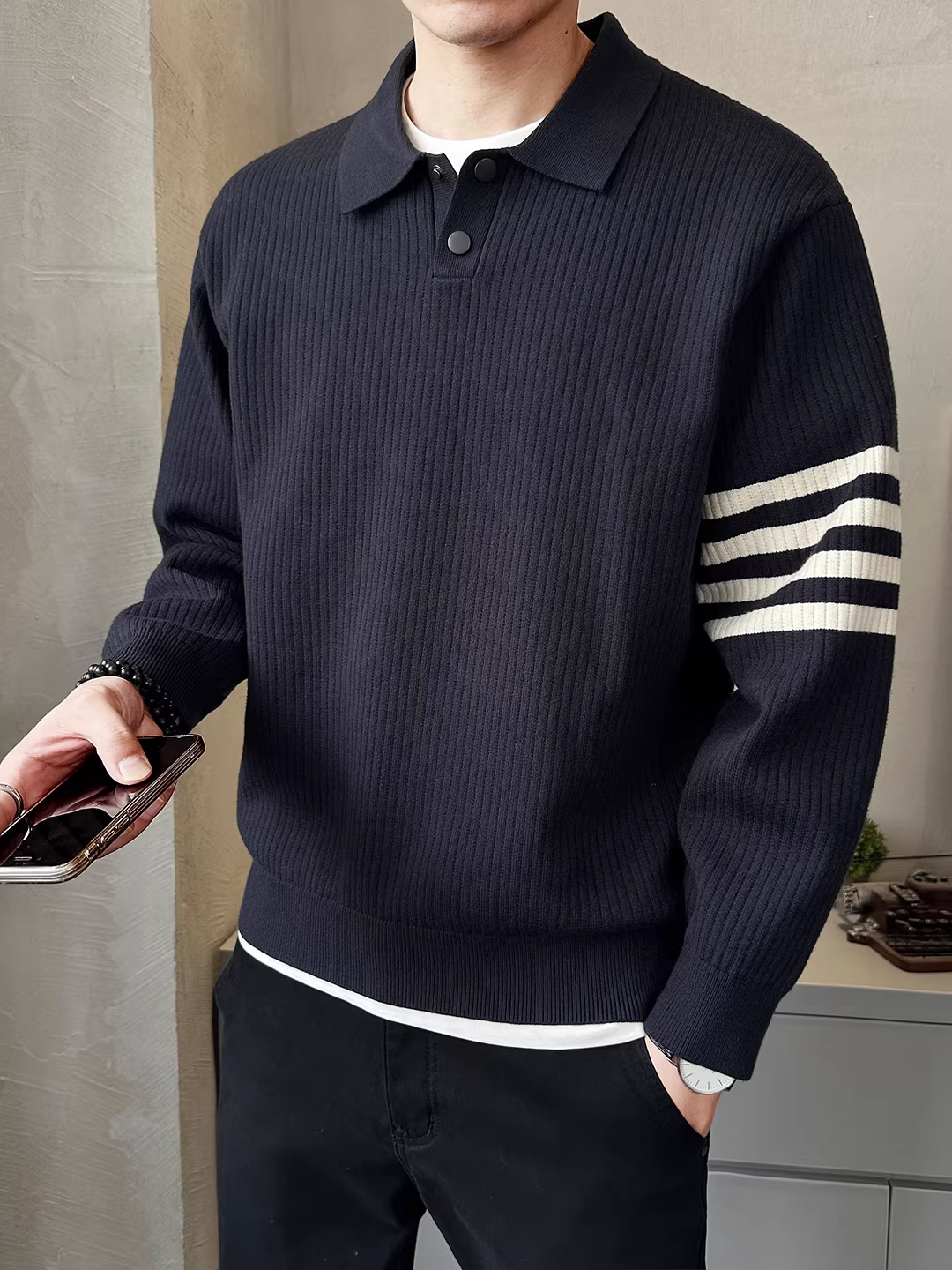 Áo len dệt kim có cổ Lyocell dành cho nam, mùa thu đông, kiểu dáng rộng rãi, phong cách cổ điển sang trọng, mặc lót bên trong.