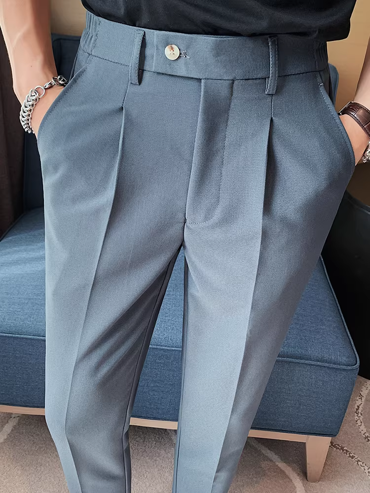 Quần âu nam mùa hè chất liệu thun co giãn, kiểu dáng ôm vừa vặn, ống côn, thời trang, đa năng, dễ chăm sóc.