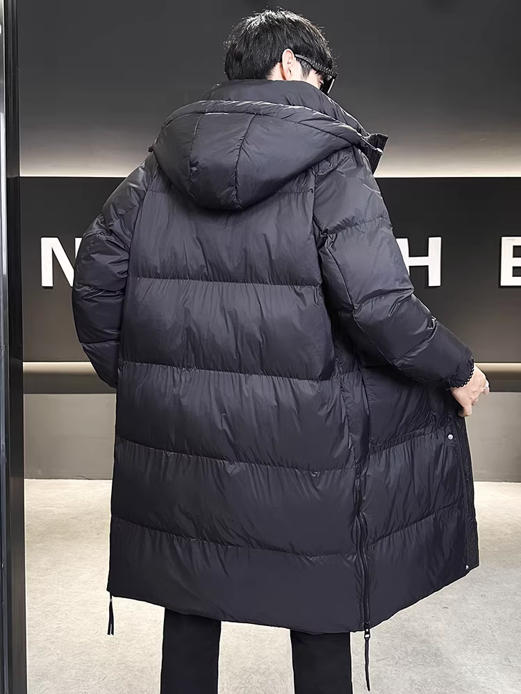Áo khoác lông vũ dài quá gối có mũ nam, kiểu mới mùa đông 2025, thời trang cao cấp, hơi rộng, dày dặn và ấm áp.