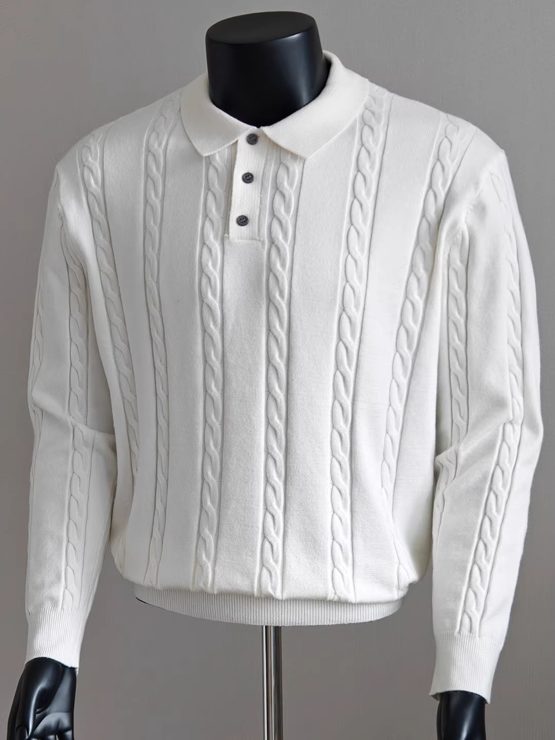 Áo len cổ polo sọc xoắn cho nam, dài tay, kiểu dáng thu đông mới, dáng rộng, đa năng, áo thun dệt kim thời trang và hợp xu hướng.