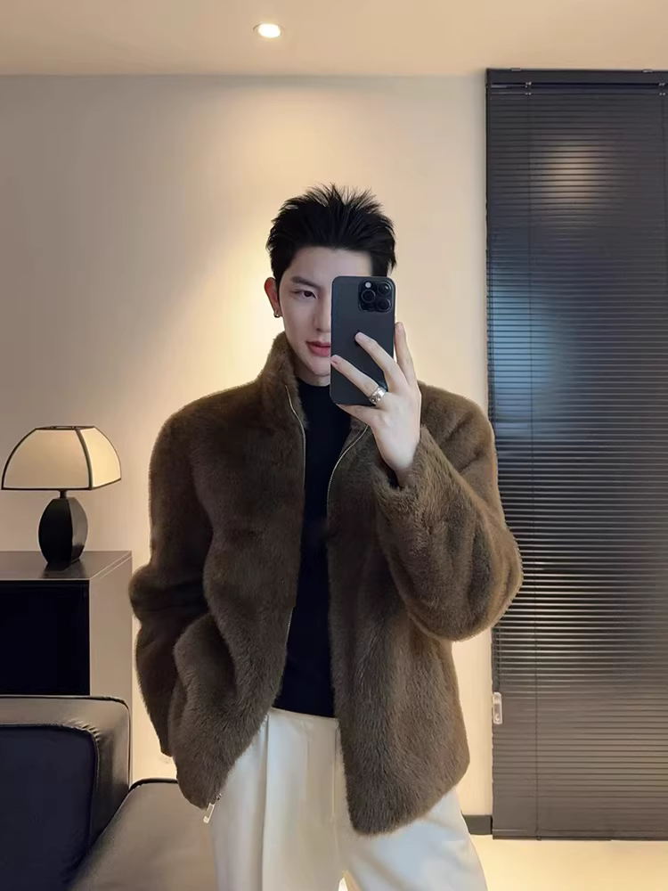 Áo khoác lông giả mink nam, kiểu mới thu đông 2025, nhẹ nhàng sang trọng, cao cấp, dáng rộng, áo khoác lông ngắn liền thân