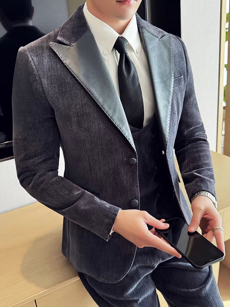 Bộ đồ nam phối da chenille, kiểu dáng mới thu đông, cao cấp, thời trang công sở lịch lãm, dáng ôm.