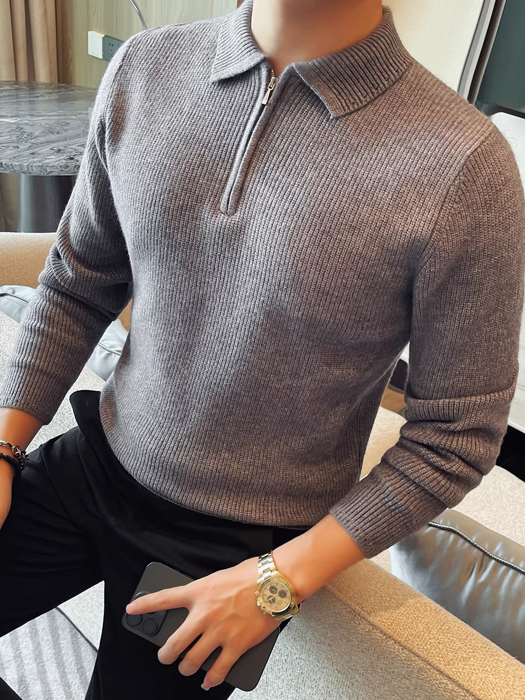 Áo len dày có cổ nửa khóa kéo dành cho nam, tay dài, kiểu dáng thời trang thu đông mới, kiểu dáng đa năng, áo len dệt kim cơ bản.