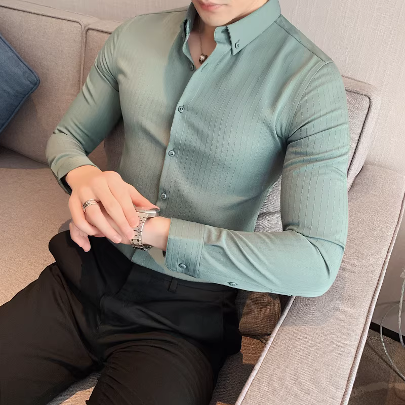 Áo sơ mi nam dài tay kẻ sọc xuân thu 2024 kiểu mới phong cách Anh lịch lãm, dáng ôm, áo sơ mi công sở nam thời trang, cá tính