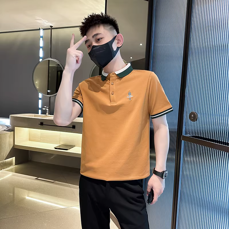 Áo polo nam ngắn tay mùa hè, chất liệu mỏng, có cổ, logo thêu nhỏ, phối màu, ôm dáng, kiểu dáng thời trang, áo nửa tay.