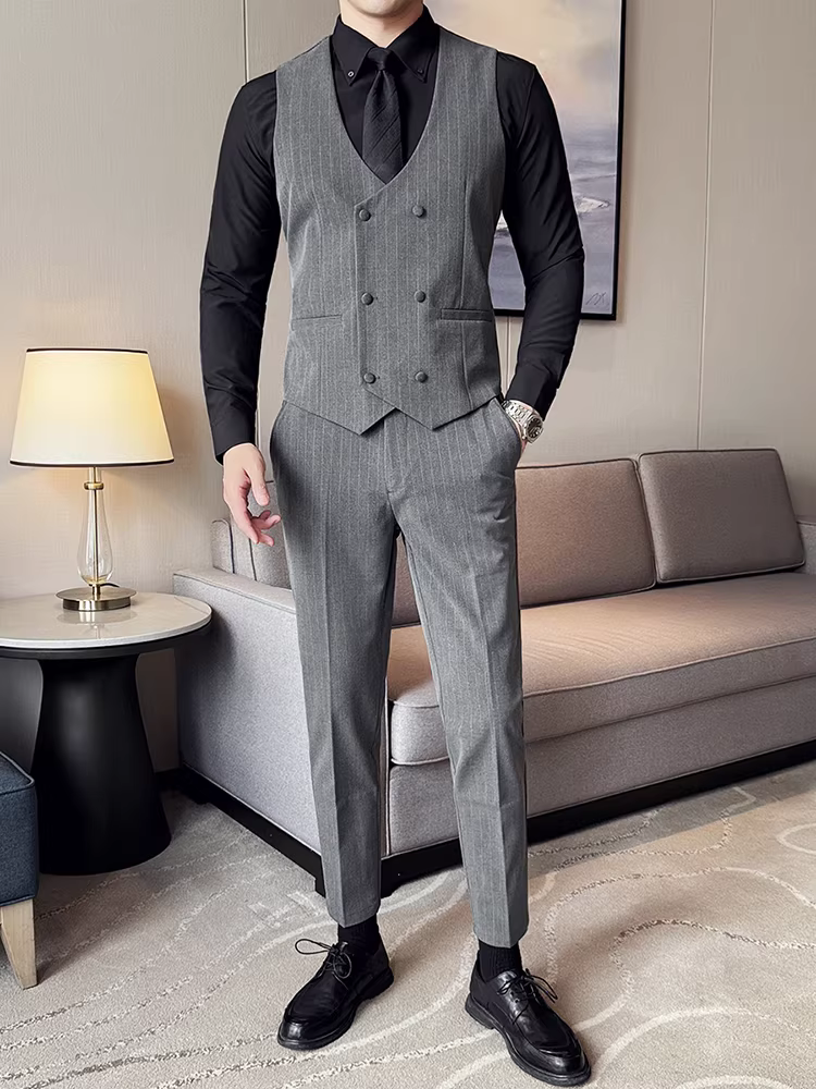 Bộ vest sọc hai hàng khuy dành cho nam, phong cách công sở giản dị, thời trang cao cấp, dáng ôm, vest phù rể đám cưới.