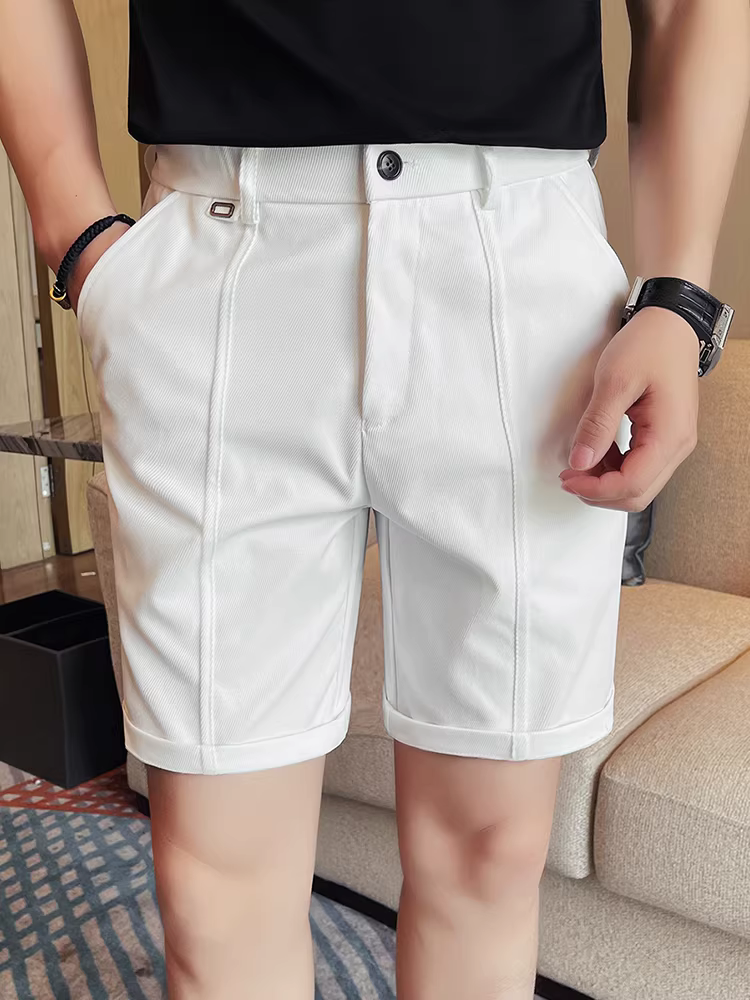 Quần short nam lưng thun bán co giãn, kiểu dáng thời trang mùa hè 2025, đa năng, quần âu công sở, dáng thẳng, dài đến đầu gối
