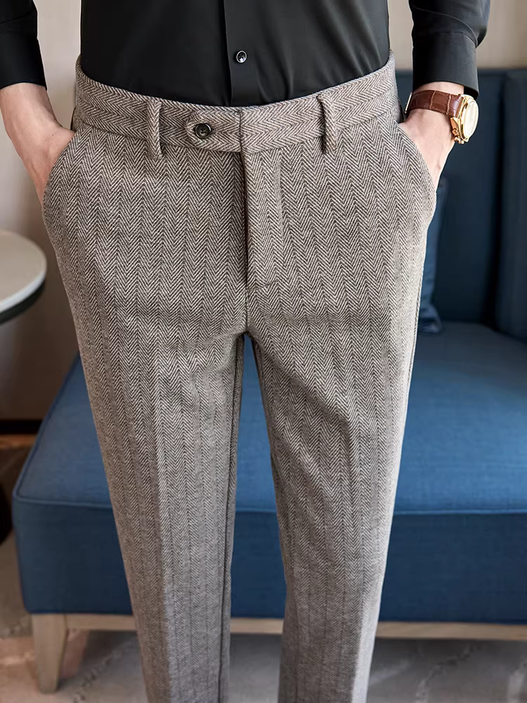 Quần dài nam chất liệu len pha dày, họa tiết xương cá mùa thu đông, quần âu cao cấp ôm dáng, chất liệu len chải mềm mại