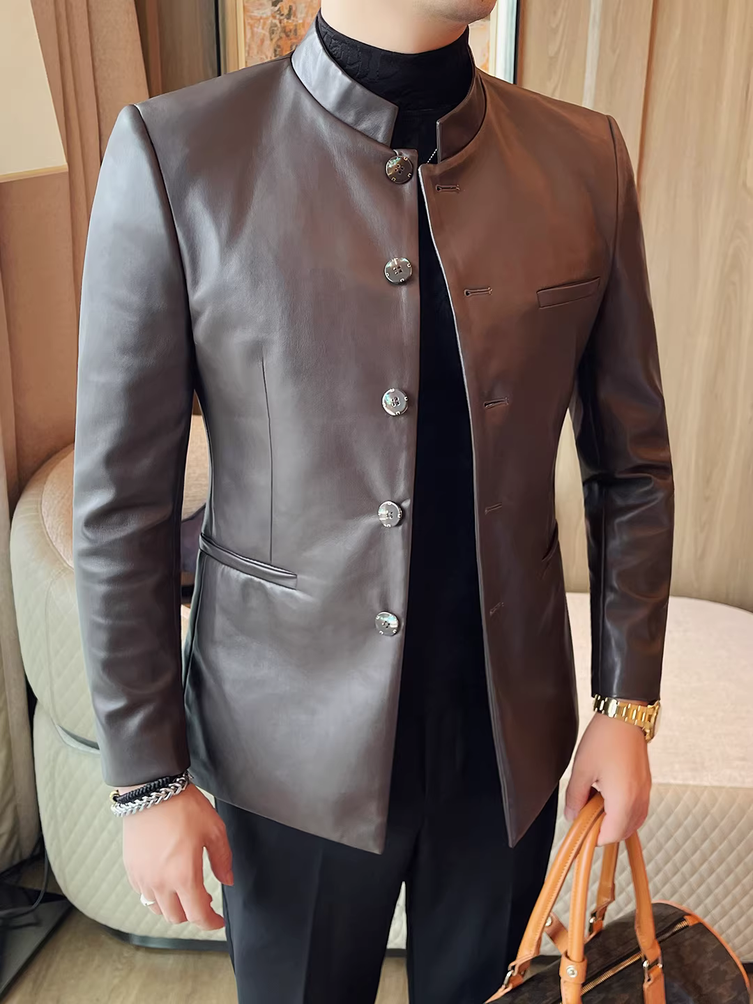 Áo vest da kiểu Trung Quốc mới dành cho nam 2025, thời trang mới, kiểu dáng ôm body, lịch lãm, cao cấp