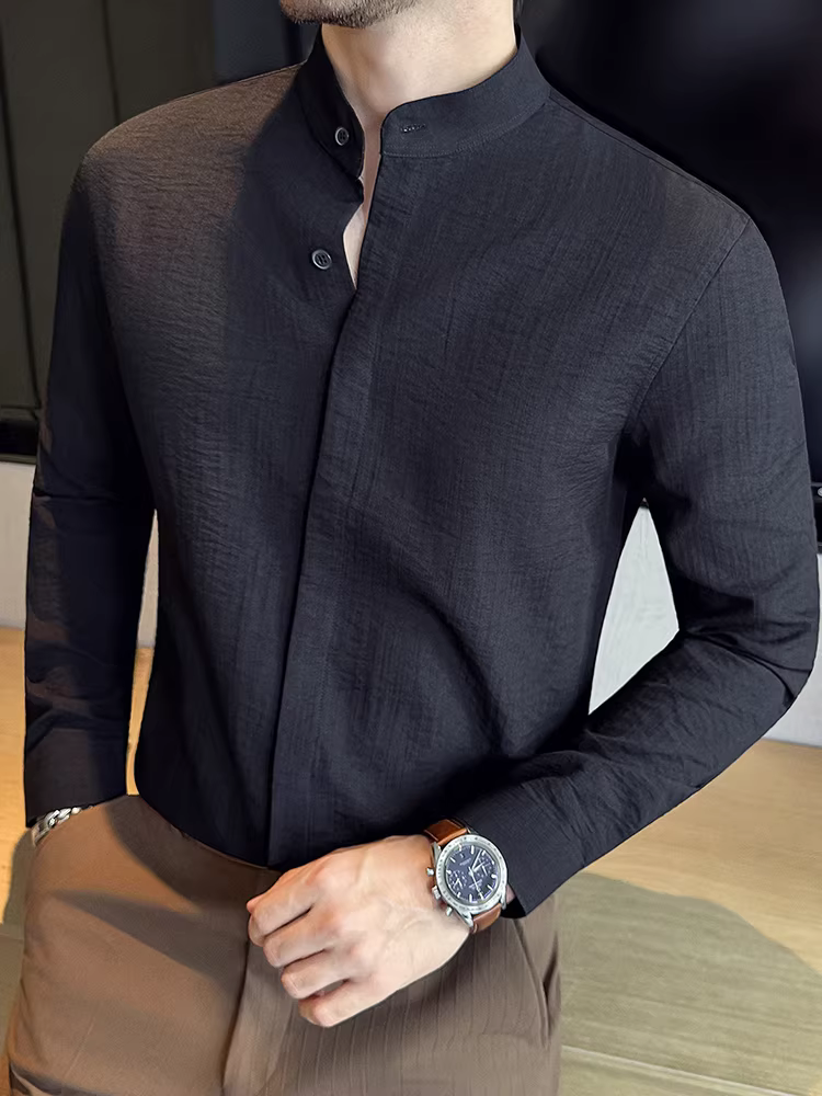 Áo sơ mi nam cổ đứng kiểu Trung Hoa, chất liệu có vân, tay dài, kiểu dáng mới thu đông 2025, dễ chăm sóc, phong cách công sở lịch sự, kẻ sọc tối màu