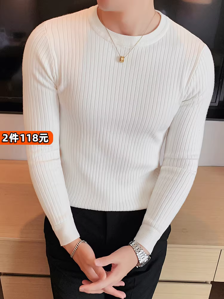 Áo len cổ tròn nam, áo len dệt kim sọc dày dặn phong cách Hàn Quốc, áo sơ mi dài tay đa năng, hợp thời trang, kiểu dáng đơn giản