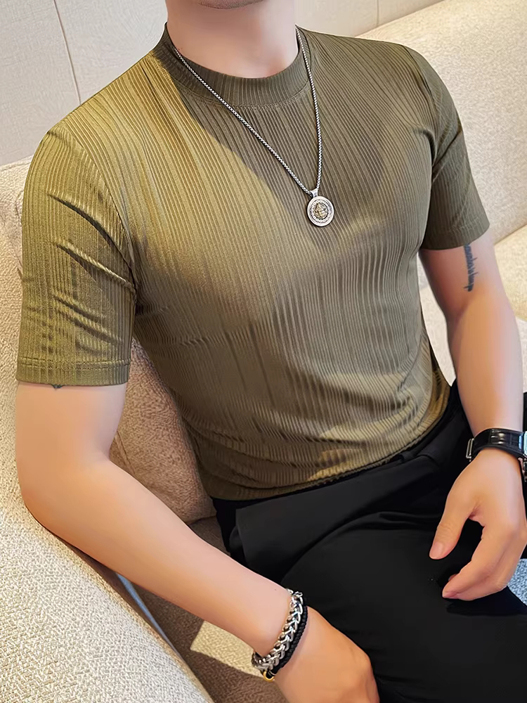 Áo thun nam tay ngắn hè 2025 thời trang mới mẻ đa năng cao cấp cổ tròn sọc