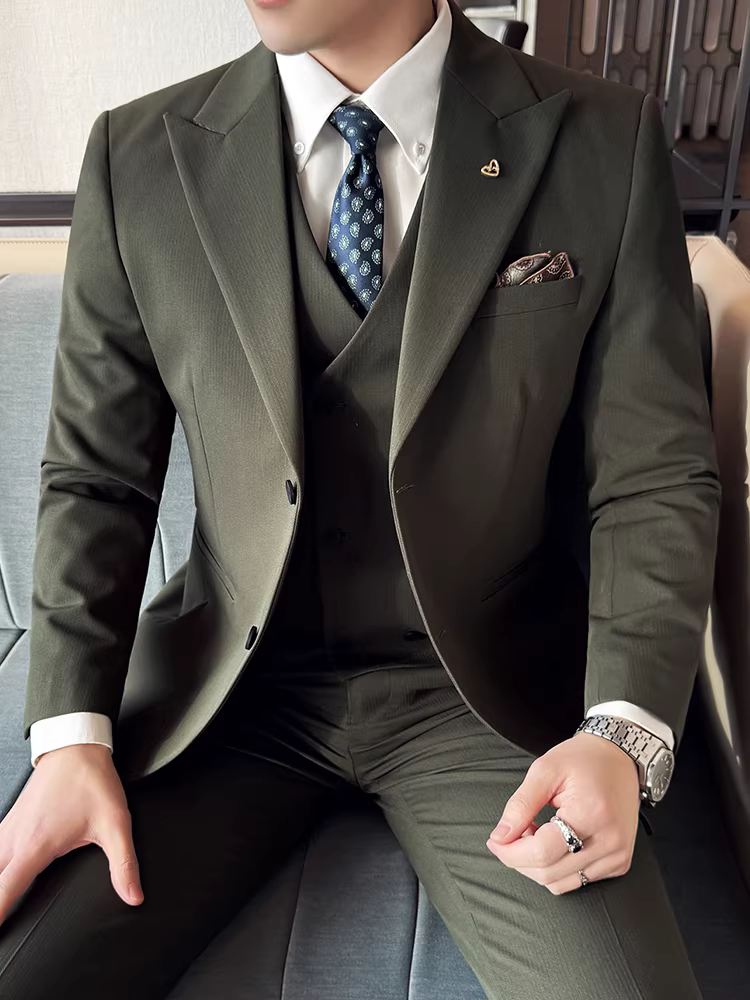 Bộ vest nam dáng đứng, trang phục công sở, dạ hội, kiểu dáng Hàn Quốc, ôm dáng, dễ chăm sóc, bộ ba món