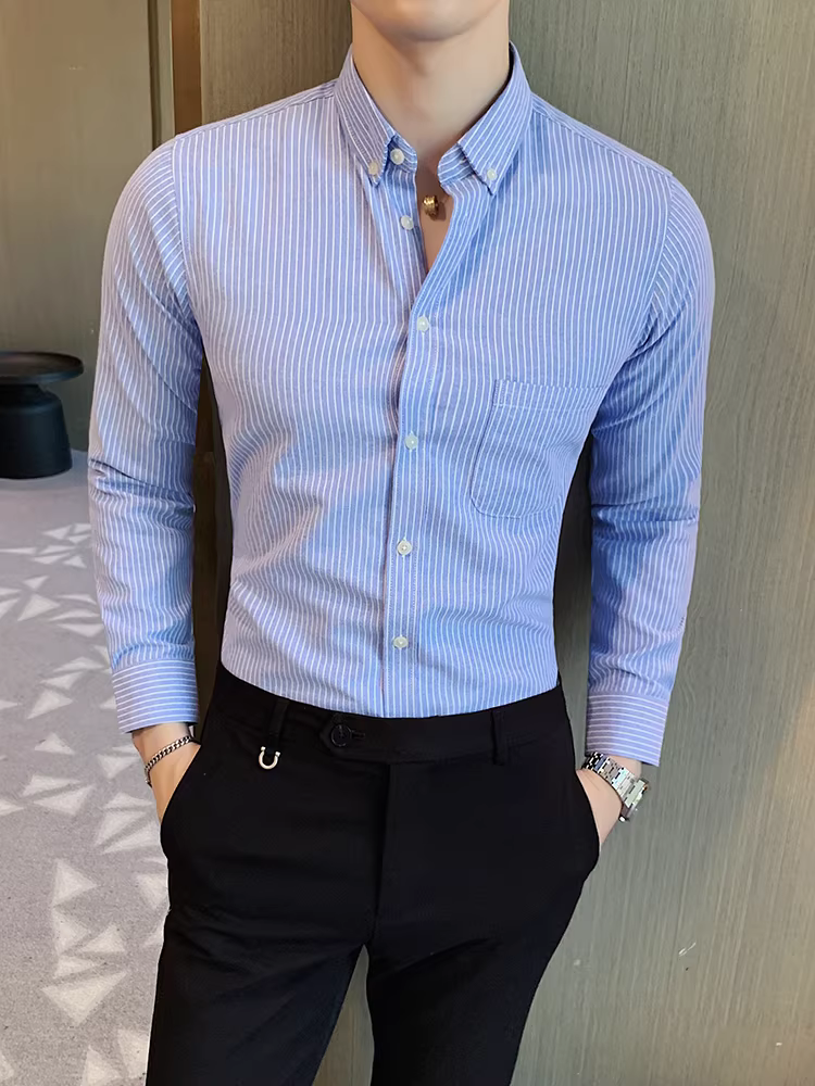 Áo sơ mi kẻ sọc nam Xuân Thu, áo sơ mi công sở thường ngày tay dài đa năng, áo sơ mi ca rô cao cấp kiểu dáng Hàn Quốc ôm body.