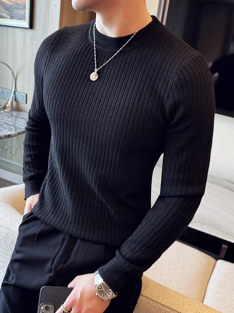 Áo len nam cao cấp cổ tròn, sọc gợn sóng, tay dài, kiểu dáng ôm body dày dặn, cổ trung, chất liệu dệt kim, mới mùa thu đông