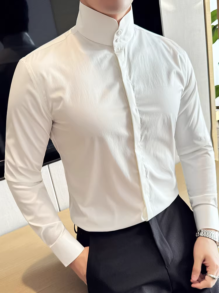 Áo sơ mi cổ đứng kiểu Trung Quốc mới dành cho nam, dài tay, phong cách công sở cao cấp, đa năng, ôm dáng, màu trơn, cổ cao, áo sơ mi có khuy cài ẩn.