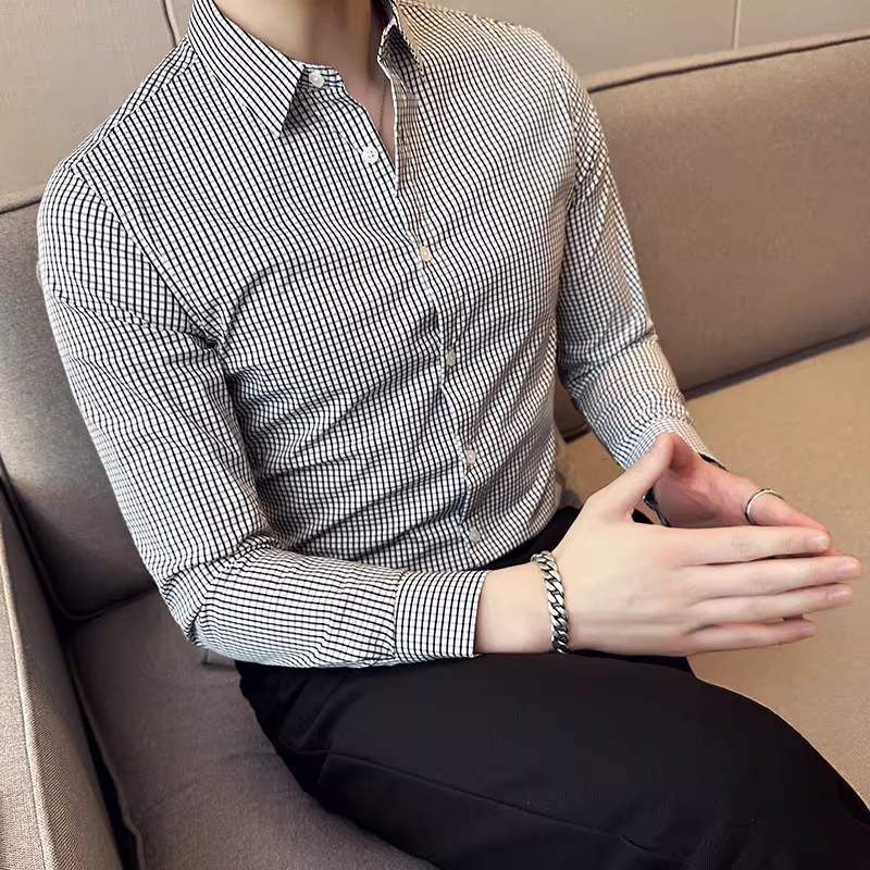 Áo sơ mi kẻ caro đen trắng cho nam, tay dài, kiểu dáng mỏng mùa hè, kiểu dáng ôm body kiểu Anh, áo sơ mi công sở lịch sự cao cấp.