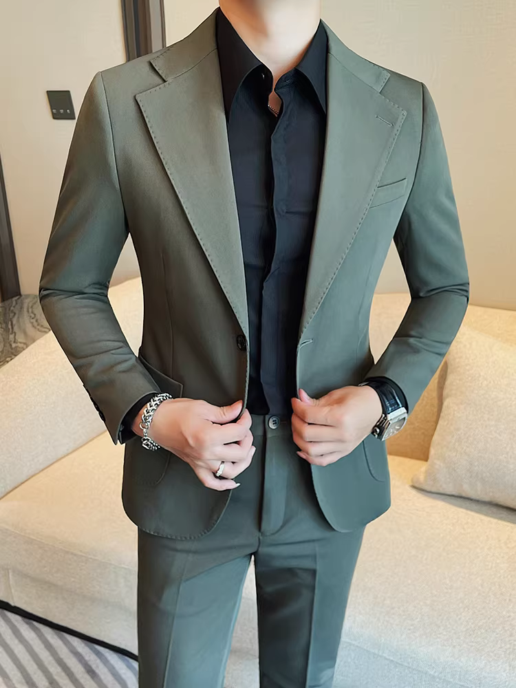 Bộ vest nam cao cấp màu trơn, kiểu dáng mới xuân thu, phong cách công sở lịch lãm kiểu Anh, ôm dáng thời trang, hai mảnh